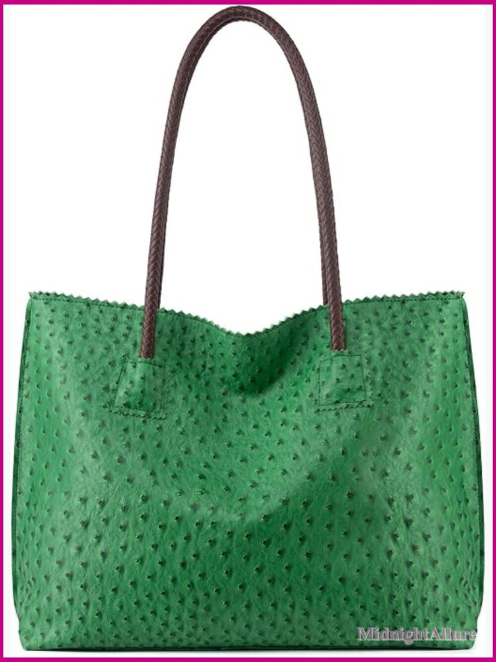 Large Ostrich Vegan Leather Tote with Zipper & Braided Handles